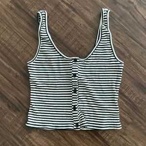 NYTT Ribbed Button Tank - Black/Ecru Stripe